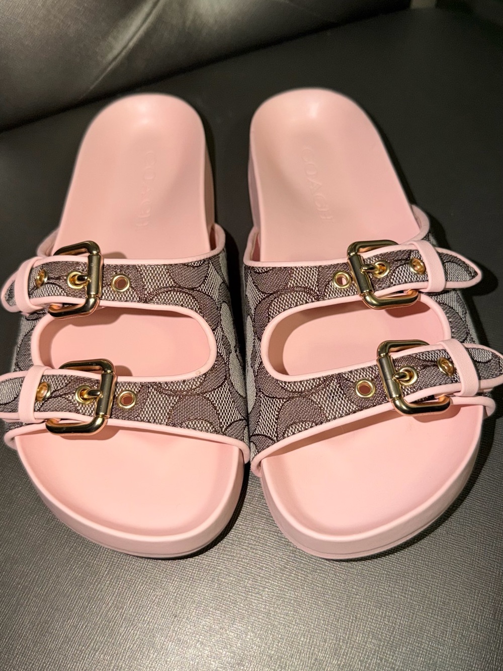 Coach Women's Pink Signature Double-Buckle Slide Sandals